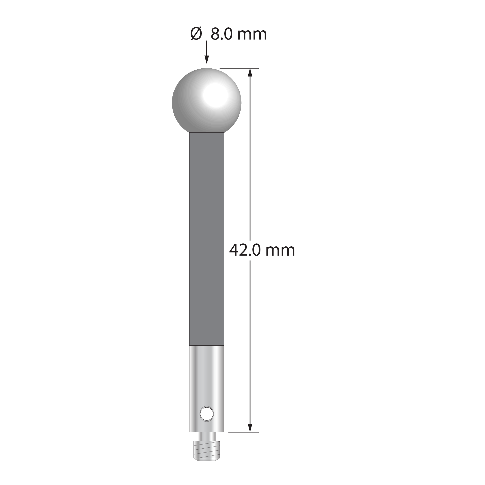 M3 stylus with 8.0 mm diameter silicon nitride ball, 4.0 mm diameter carbon fiber stem, and 4.0 mm diameter x 10.0 mm long stainless steel base. Overall stylus length is 42.0 mm. Stylus weight is 1.82 grams.