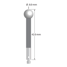 M3 stylus with 8.0 mm diameter silicon nitride ball, 4.0 mm diameter carbon fiber stem, and 4.0 mm diameter x 10.0 mm long stainless steel base. Overall stylus length is 42.0 mm. Stylus weight is 1.82 grams.
