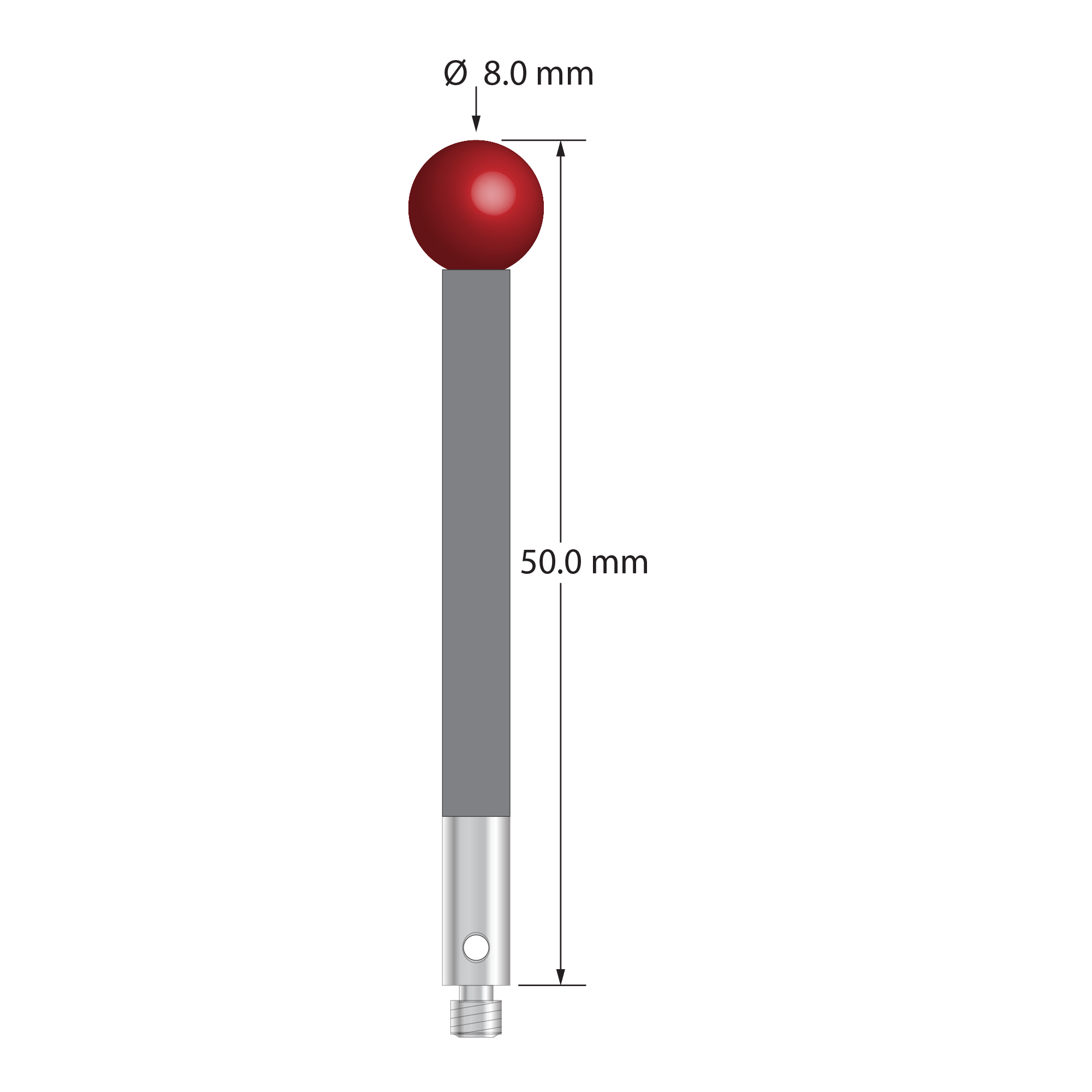 M3 stylus with 8.0 mm diameter ruby ball, 4.0 mm diameter carbon fiber stem, and 4.0 mm diameter x 10.0 mm long stainless steel base. Overall stylus length is 50.0 mm. Stylus weight is 1.97 grams.