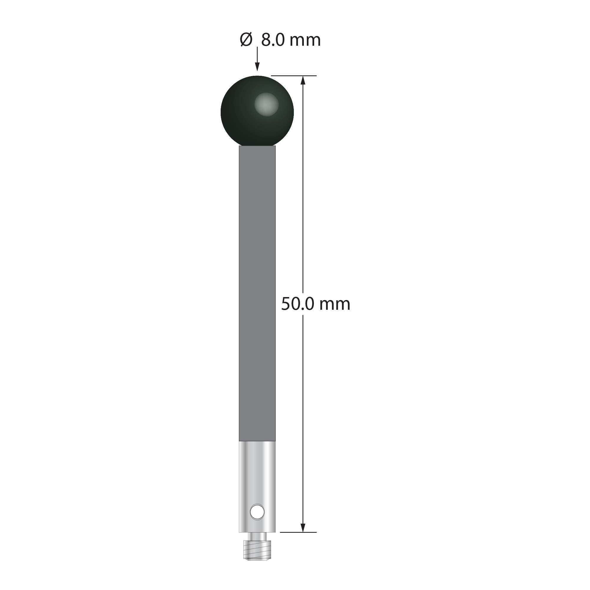 M3 stylus with 8.0 mm diameter silicon nitride ball, 4.0 mm diameter carbide stem, and 4.0 mm diameter x 8.0 mm long stainless steel base. Overall stylus length is 50.0 mm. Stylus weight is 9.10 grams.