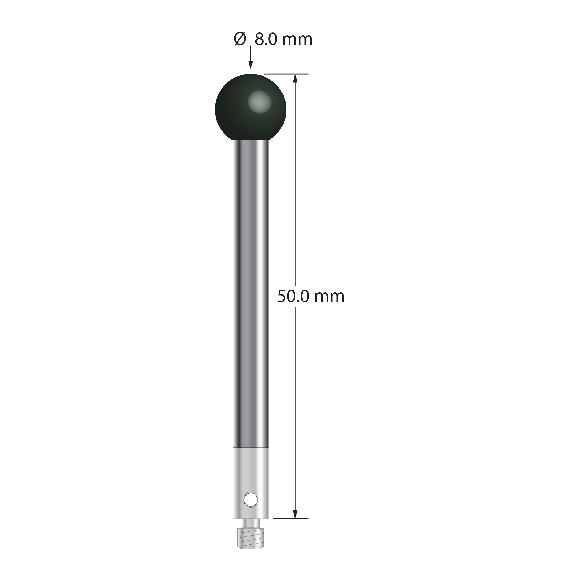 M3 stylus with 8.0 mm diameter silicon nitride ball, 5.0 mm diameter carbon fiber stem, and 5.0 mm diameter x 9.0 mm long titanium base. Overall stylus length is 50.0 mm. Stylus weight is 2.34 grams. Compare to Zeiss 626103-0801-050.
