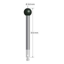 M3 stylus with 8.0 mm diameter silicon nitride ball, 5.0 mm diameter carbon fiber stem, and 5.0 mm diameter x 9.0 mm long titanium base. Overall stylus length is 50.0 mm. Stylus weight is 2.34 grams. Compare to Zeiss 626103-0801-050.