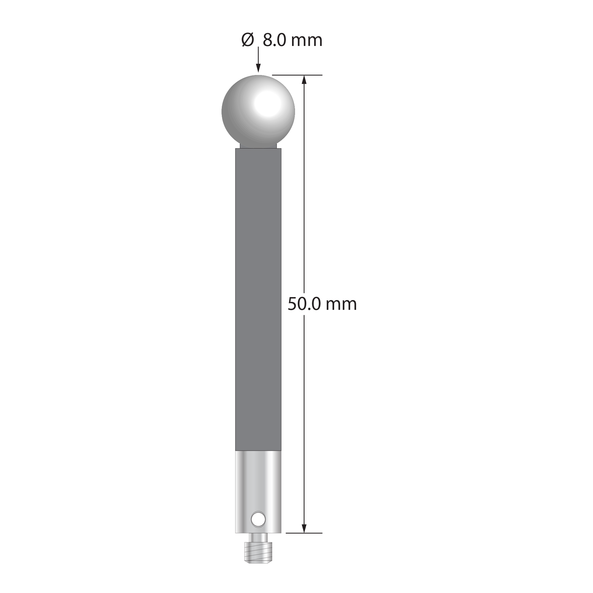 M3 stylus with 8.0 mm diameter zirconia ball, 5.0 mm diameter carbon fiber stem, and 5.0 mm diameter x 9.0 mm long titanium base. Overall stylus length is 50.0 mm. Stylus weight is 2.34 grams.