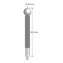 M3 stylus with 8.0 mm diameter zirconia ball, 5.0 mm diameter carbon fiber stem, and 5.0 mm diameter x 9.0 mm long titanium base. Overall stylus length is 50.0 mm. Stylus weight is 2.34 grams.