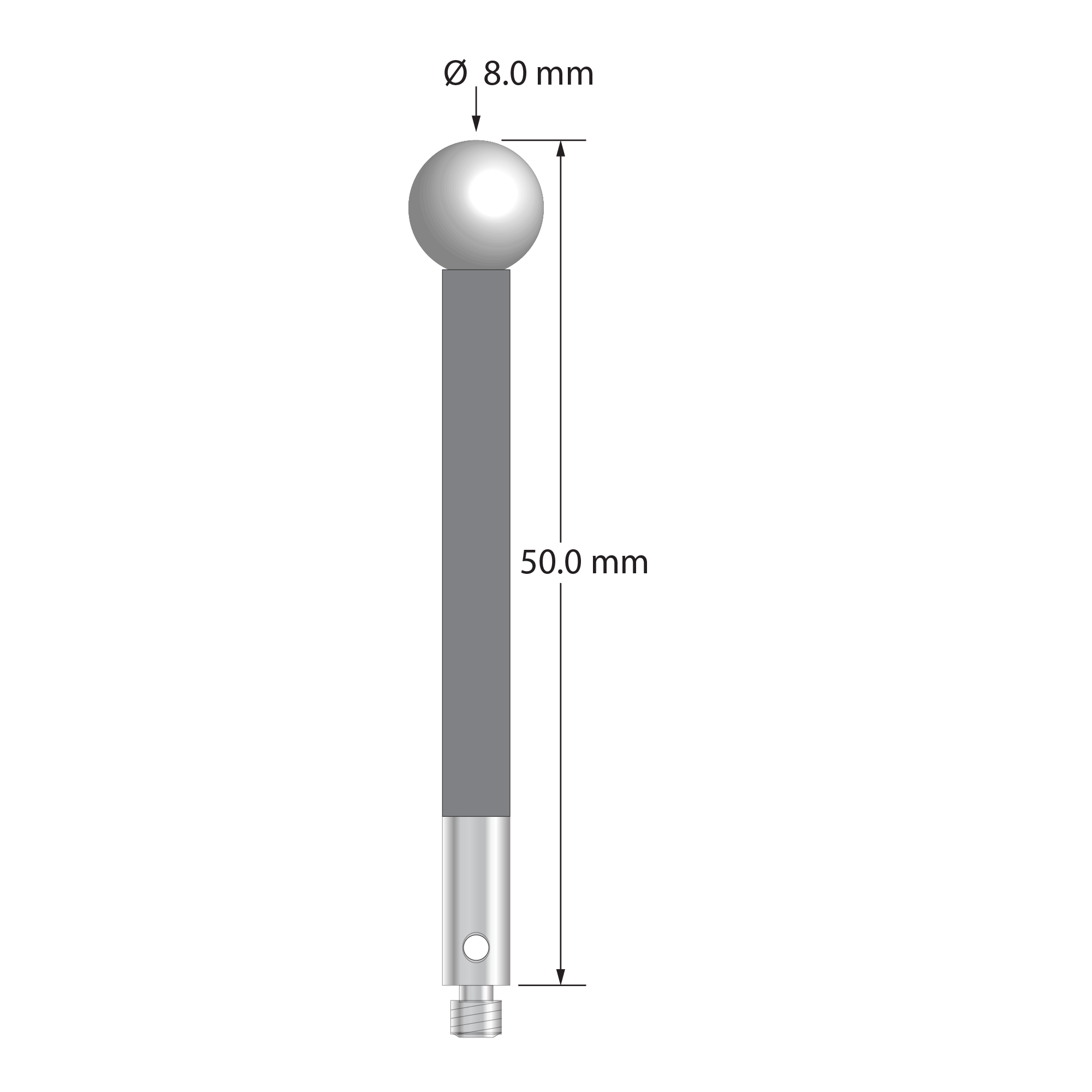 M3 stylus with 8.0 mm diameter zirconia ball, 4.0 mm diameter carbide stem, and 4.0 mm diameter x 8.0 mm long stainless steel base. Overall stylus length is 50.0 mm. Stylus weight is 9.10 grams.