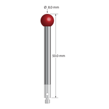 M3 stylus with 8.0 mm diameter ruby ball, 4.0 mm diameter carbide stem, and 4.0 mm diameter x 8.0 mm long stainless steel base. Overall stylus length is 50.0 mm. Stylus weight is 9.10 grams.