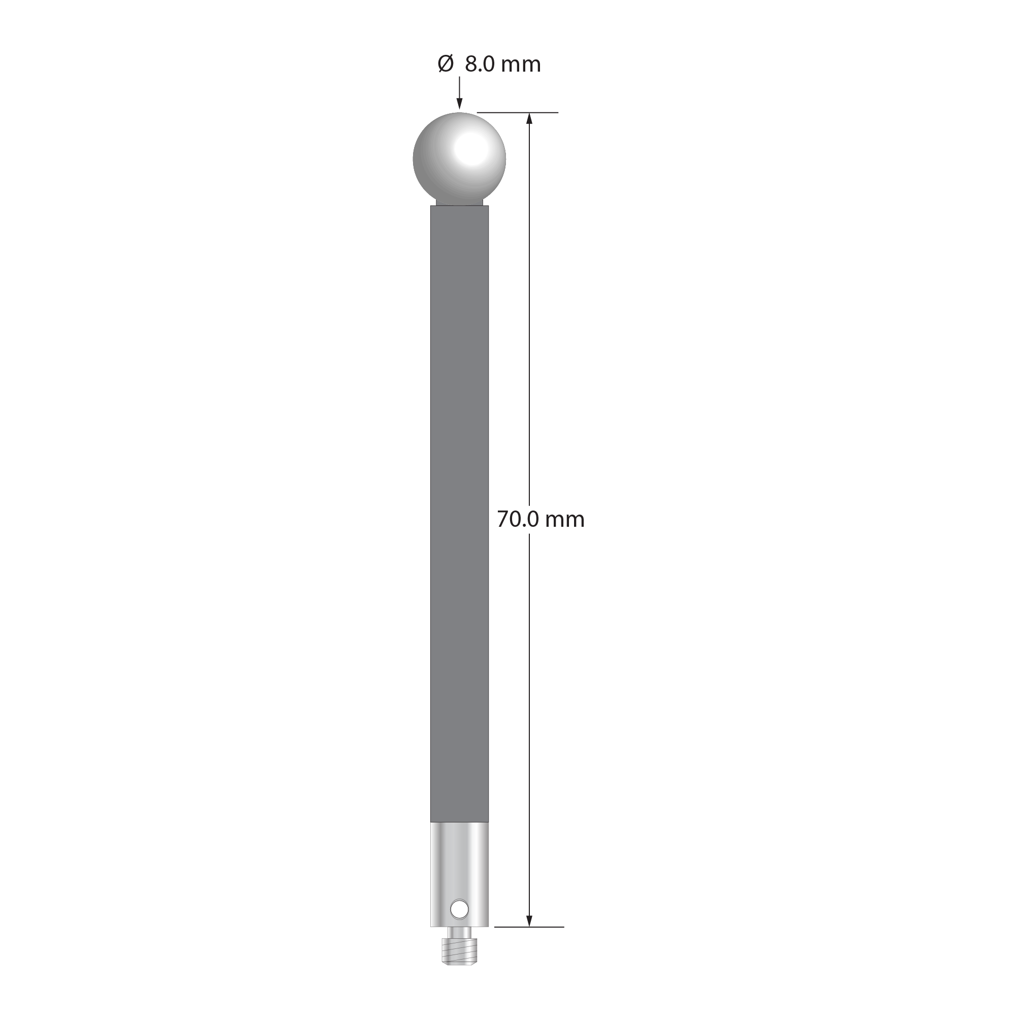 M3 stylus with 8.0 mm diameter zirconia ball, 5.0 mm diameter carbon fiber stem, and 5.0 mm diameter x 9.0 mm long titanium base. Overall stylus length is 70.0 mm. Stylus weight is 2.94 grams.