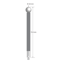 M3 stylus with 8.0 mm diameter zirconia ball, 5.0 mm diameter carbon fiber stem, and 5.0 mm diameter x 9.0 mm long titanium base. Overall stylus length is 70.0 mm. Stylus weight is 2.94 grams.