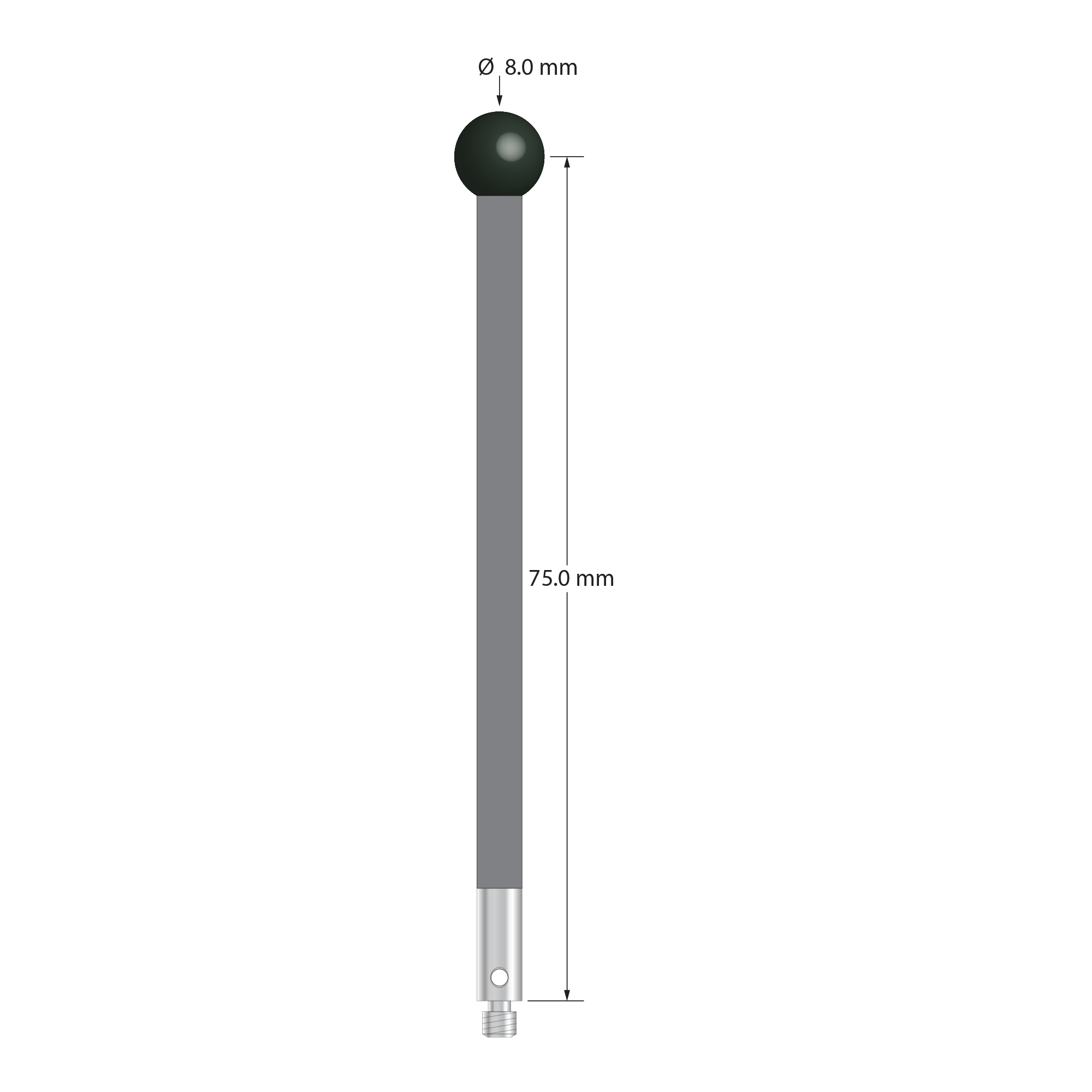 M3 stylus with 8.0 mm diameter silicon nitride ball, 4.0 mm diameter carbon fiber stem, and 4.0 mm diameter x 10.0 mm long stainless steel base. Stylus length to ball center is 75.0 mm. Stylus weight is 2.53 grams.
