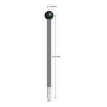 M3 stylus with 8.0 mm diameter silicon nitride ball, 4.0 mm diameter carbon fiber stem, and 4.0 mm diameter x 10.0 mm long stainless steel base. Stylus length to ball center is 75.0 mm. Stylus weight is 2.53 grams.