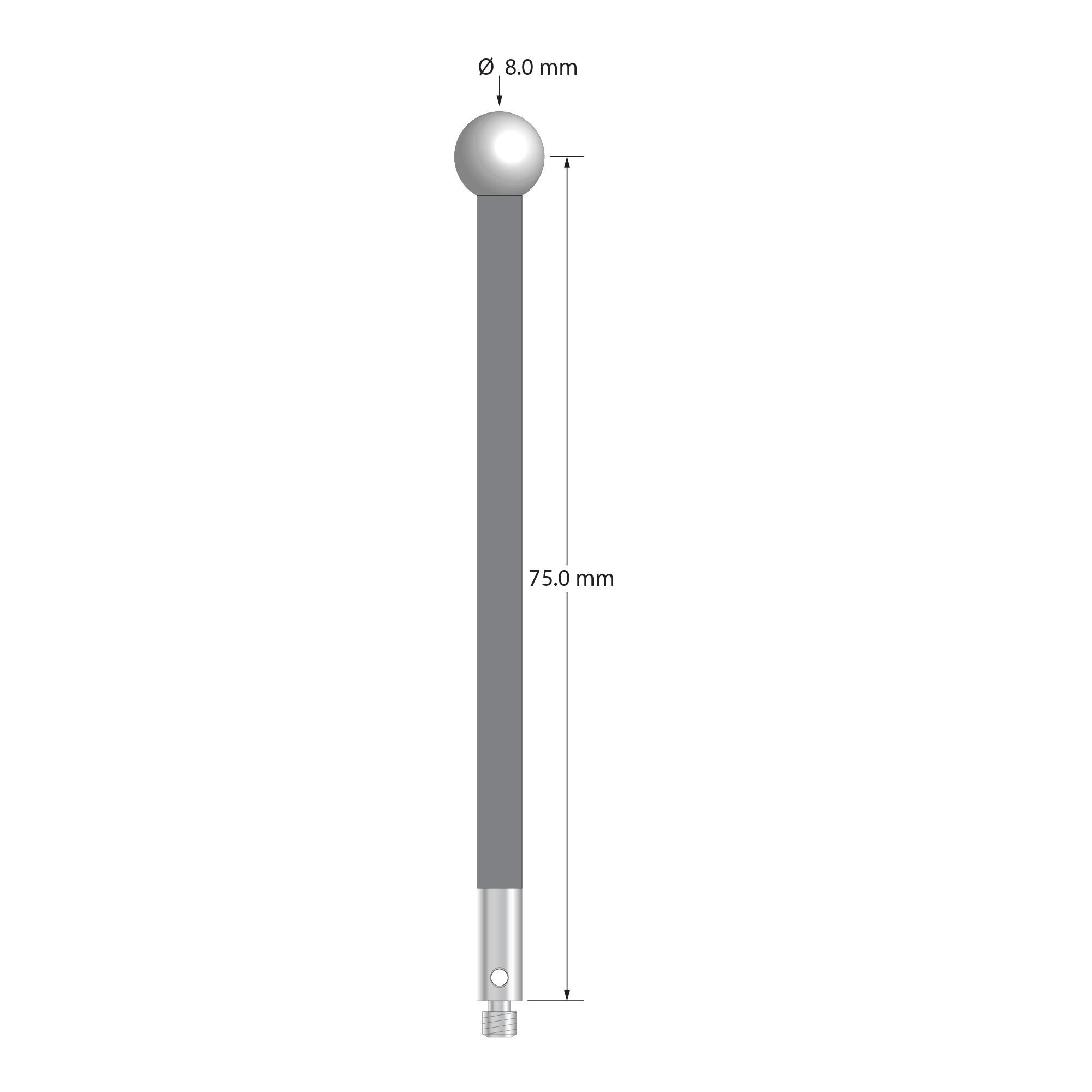 M3 stylus with 8.0 mm diameter zirconia ball, 4.0 mm diameter carbon fiber stem, and 4.0 mm diameter x 10.0 mm long stainless steel base. Stylus length to ball center is 75.0 mm. Stylus weight is 2.53 grams.