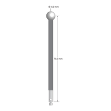 M3 stylus with 8.0 mm diameter zirconia ball, 4.0 mm diameter carbon fiber stem, and 4.0 mm diameter x 10.0 mm long stainless steel base. Stylus length to ball center is 75.0 mm. Stylus weight is 2.53 grams.