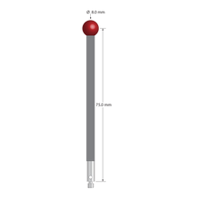 M3 stylus with 8.0 mm diameter ruby ball, 4.0 mm diameter carbon fiber stem, and 4.0 mm diameter x 10.0 mm long stainless steel base. Stylus length to ball center is 75.0 mm. Stylus weight is 2.53 grams. Compare to Renishaw A-5003-4862, Mitutoyo K651308, and Hexagon M00-694-241-000.
