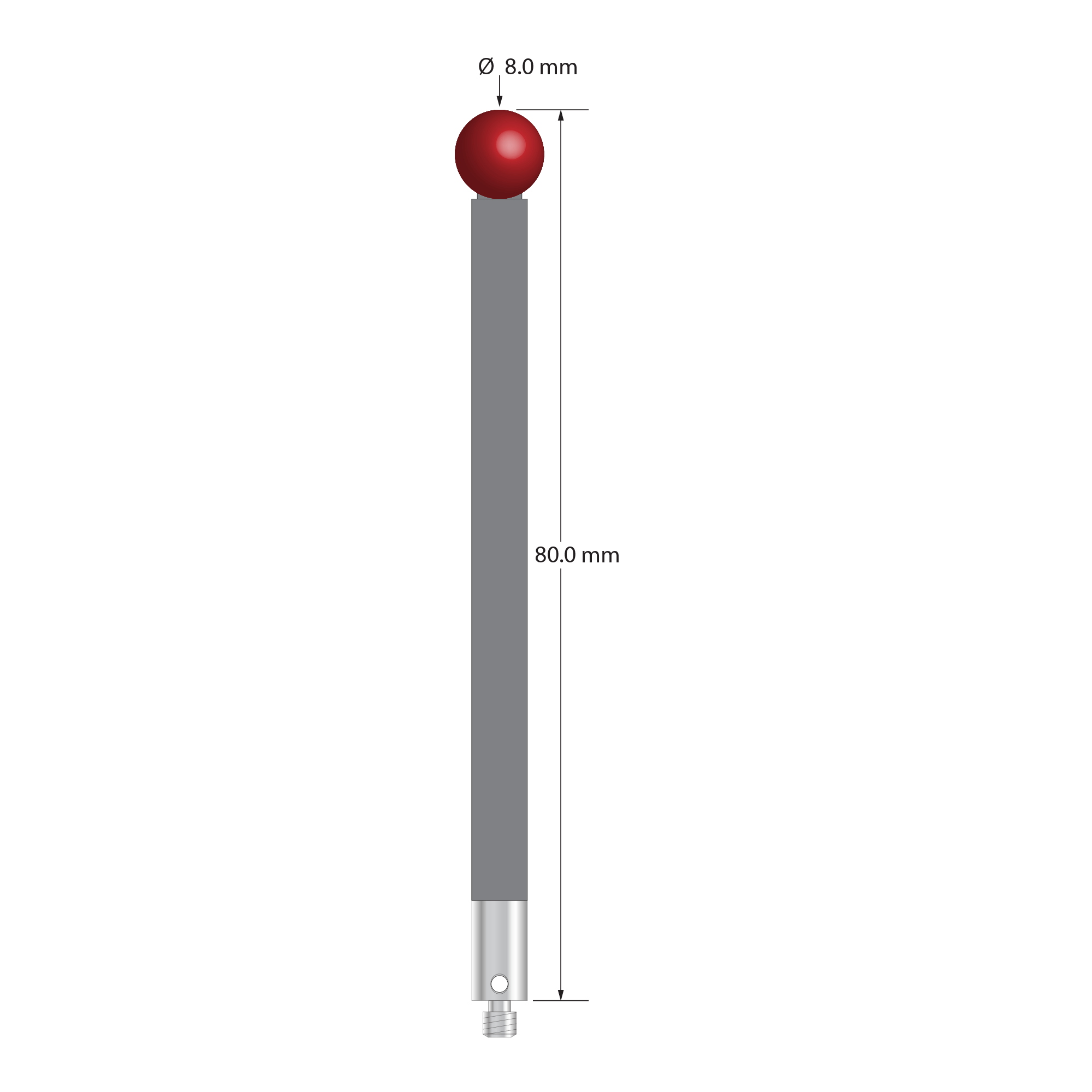 M3 XXT stylus with 8.0 mm diameter ruby ball, 5.0 mm diameter carbon fiber stem, and 5.0 mm diameter x 9.0 mm long titanium base. Overall stylus length is 100.0 mm. Stylus weight is 3.84 grams.