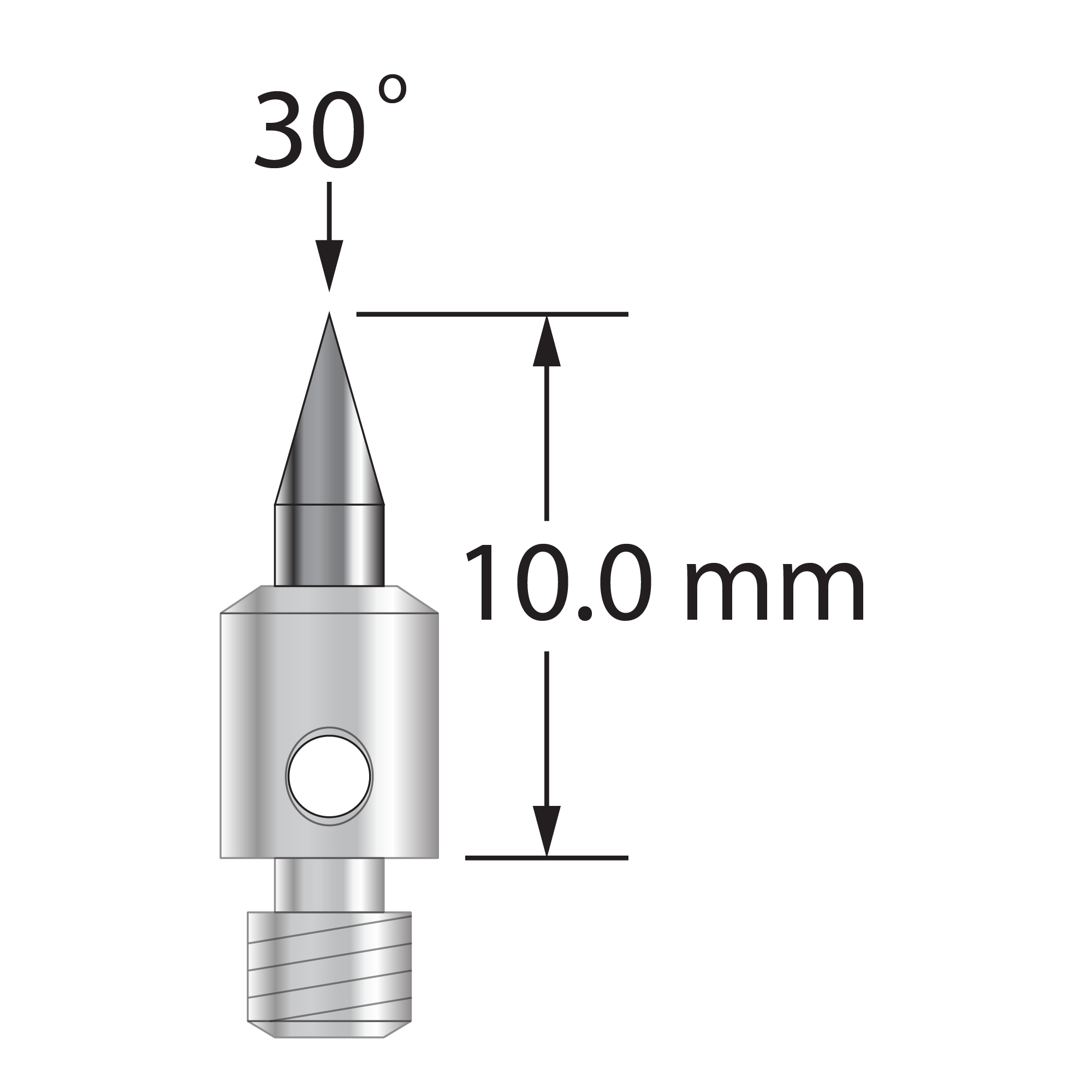 M3 stylus with 1.5 mm diameter carbide stem, 30 degree point, and 4.0 mm diameter x 5.0 mm long stainless steel base. Overall stylus length is 10.0 mm. Stylus weight is 0.60 gram.