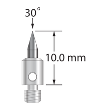 M3 stylus with 1.5 mm diameter carbide stem, 30 degree point, and 4.0 mm diameter x 5.0 mm long stainless steel base. Overall stylus length is 10.0 mm. Stylus weight is 0.60 gram.