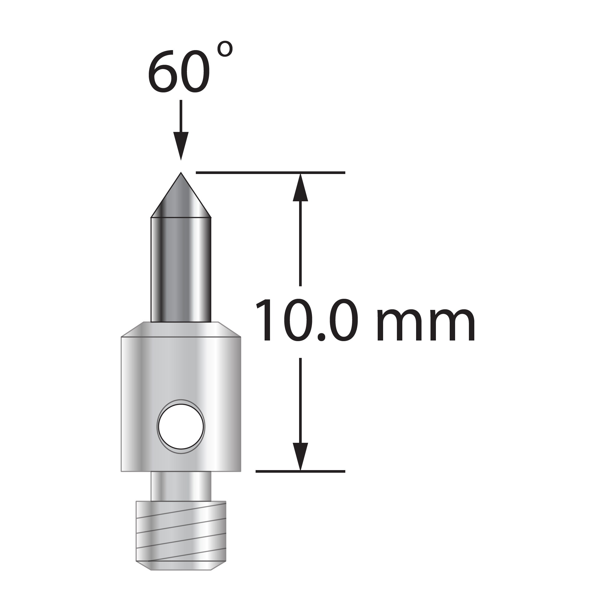 M3 stylus with 60 degree carbide point and stainless steel base. Overall stylus length is 10.0 mm. Stylus weight is 0.58 gram.
