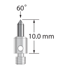 M3 stylus with 60 degree carbide point and stainless steel base. Overall stylus length is 10.0 mm. Stylus weight is 0.58 gram.
