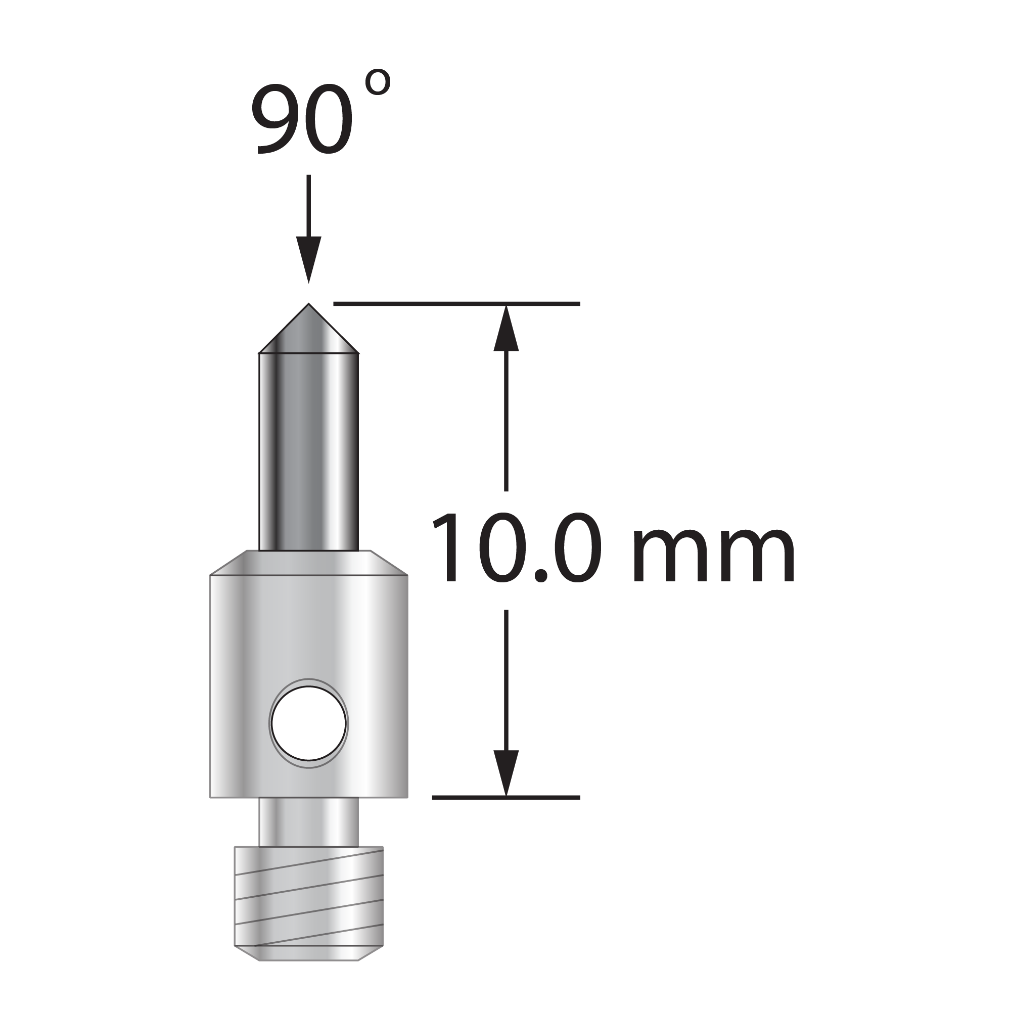 M3 stylus with 90-degree carbide point and stainless steel base. Overall stylus length is 10.0 mm. Stylus weight is 0.56 gram.
