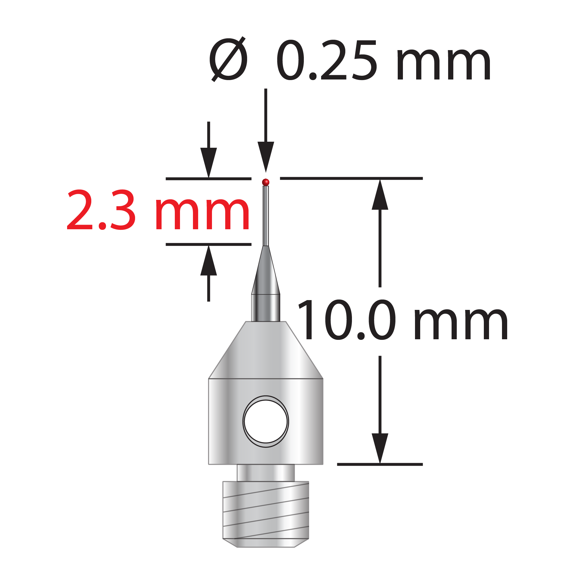 TM3-.2510-R M3 stylus with 0.25mm ruby ball, tapered carbide stem, and stainless steel base, 10mm long.