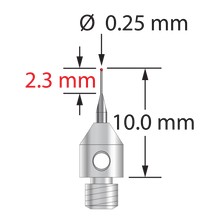 TM3-.2510-R M3 stylus with 0.25mm ruby ball, tapered carbide stem, and stainless steel base, 10mm long.