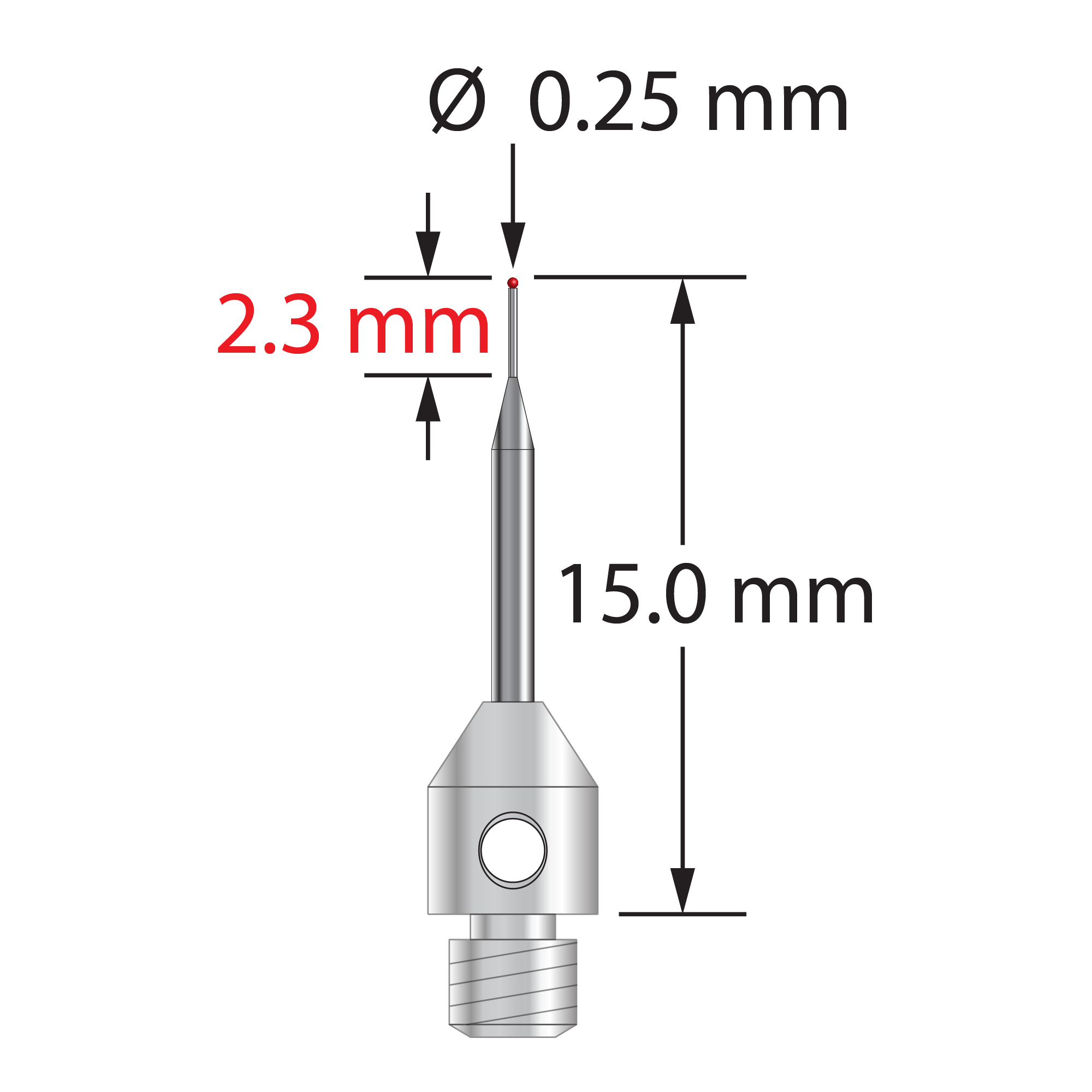 TM3-.2515-R M3 stylus with 0.25mm ruby ball, tapered carbide stem, stainless steel base, 15mm long.