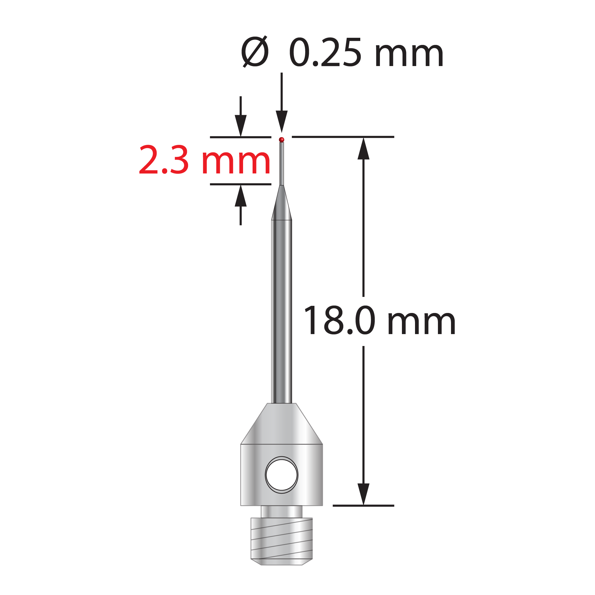 TM3-.2518-R M3 stylus with 0.25mm ruby ball, tapered carbide stem, and stainless steel base, 18mm long.