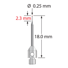 TM3-.2518-R M3 stylus with 0.25mm ruby ball, tapered carbide stem, and stainless steel base, 18mm long.