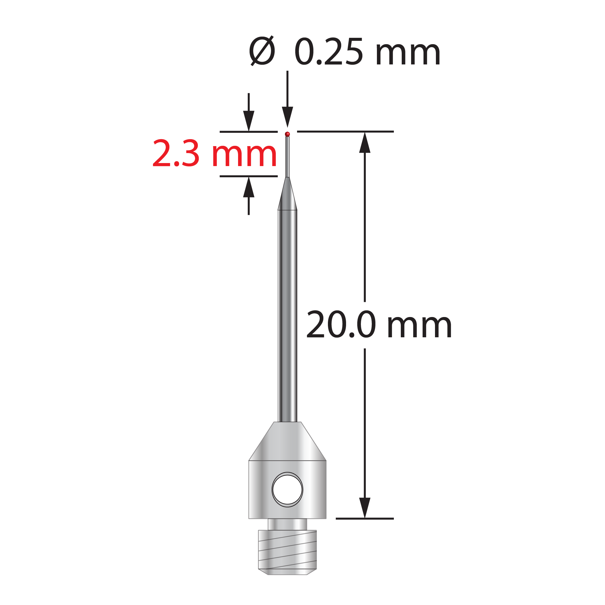 M3 stylus with 0.25 mm diameter ruby ball, tapered carbide stem, and 4.0 mm diameter x 5.0 mm long stainless steel base. Minor stem diameter is 0.2 mm; major diameter is 1.0 mm. Overall stylus length is 20.0 mm. Stylus weight is 0.56 gram.