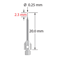 TM3-.2520-R M3 stylus with 0.25mm ruby ball, tapered carbide stem, and stainless steel base, 20mm long.
