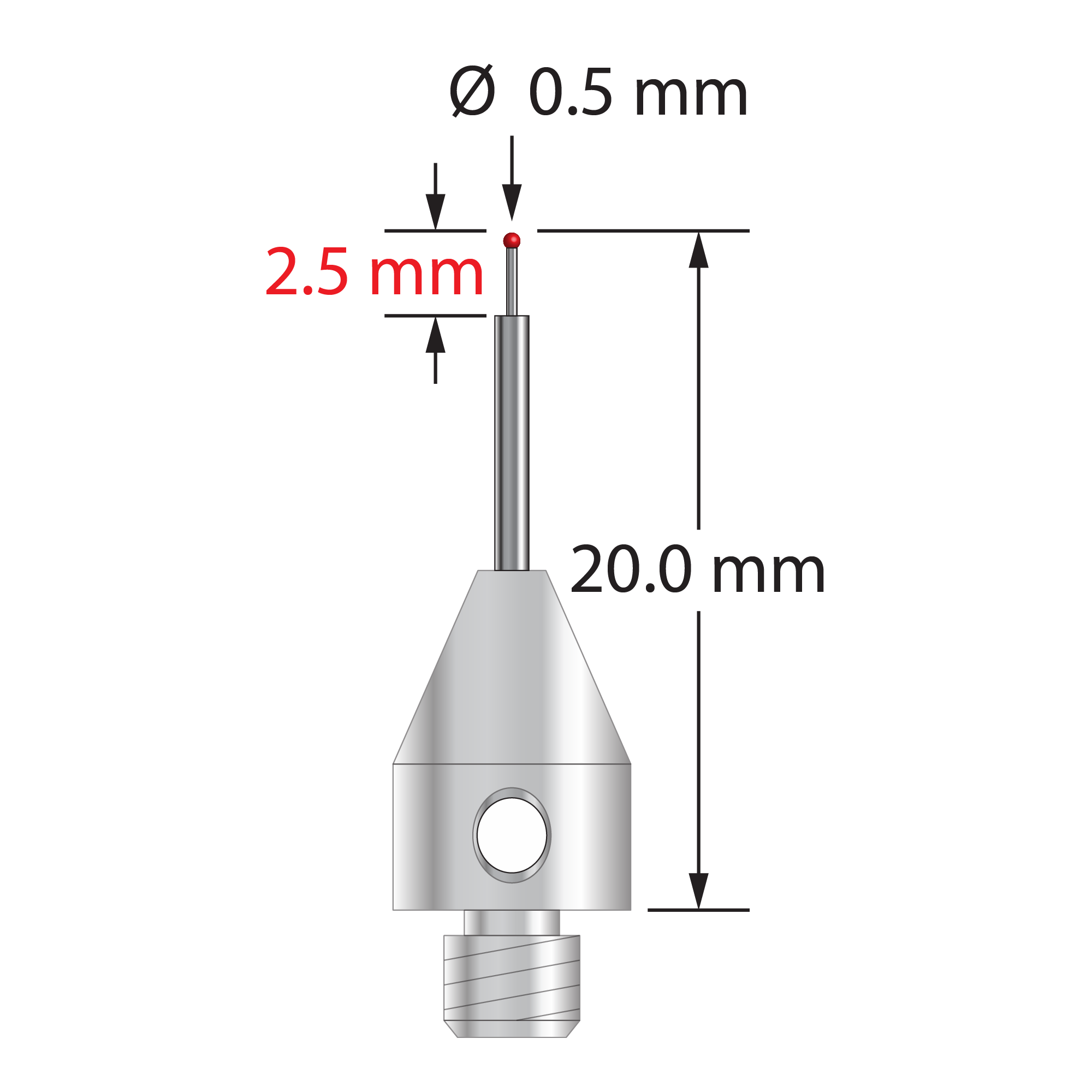 TM4-0520-R M4 stylus with 0.5mm ruby ball, stepped carbide stem, and stainless steel base, 20mm long.