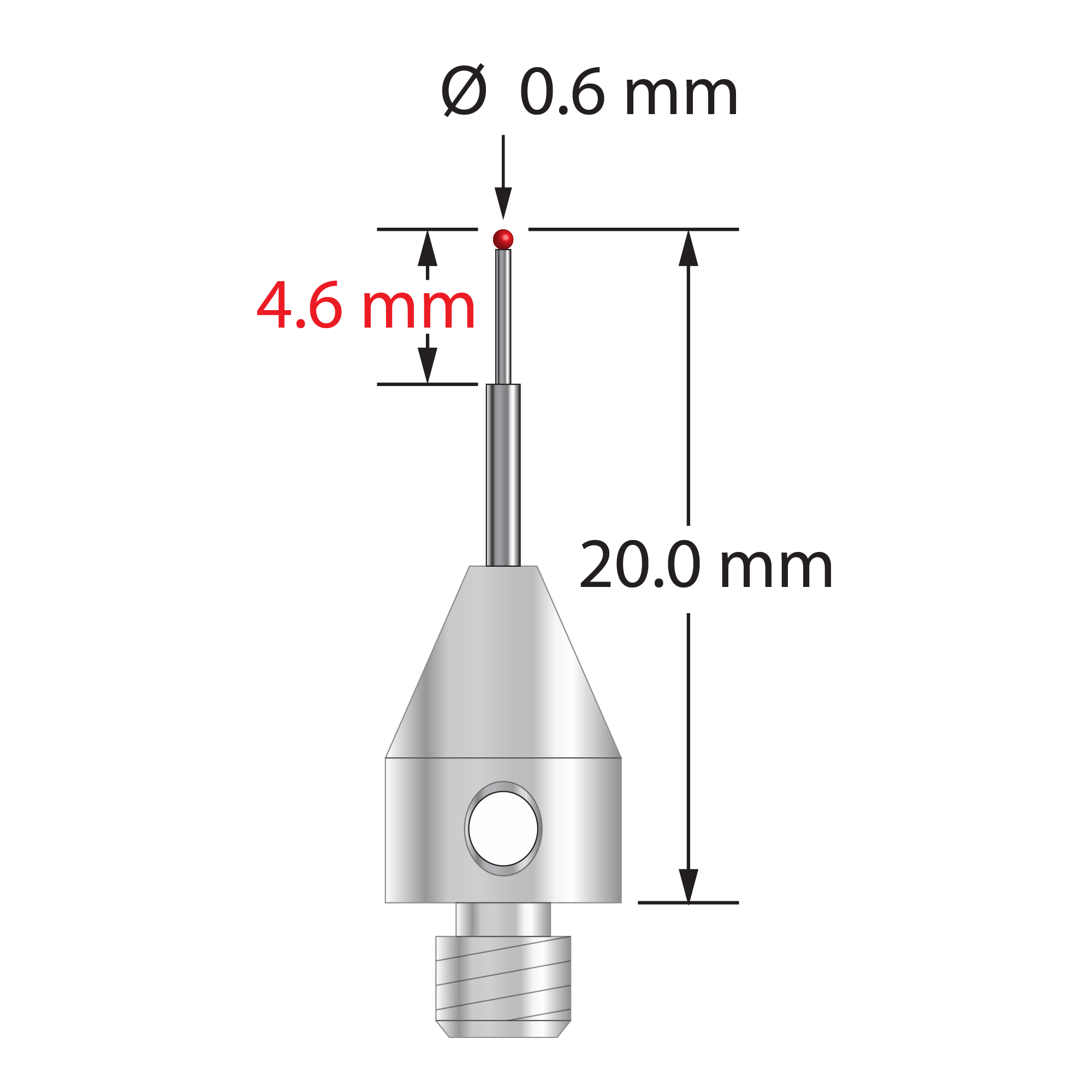 TM4-0620 M4 stylus with 0.6mm ruby ball, stepped carbide stem, and stainless steel base, 20mm long.
