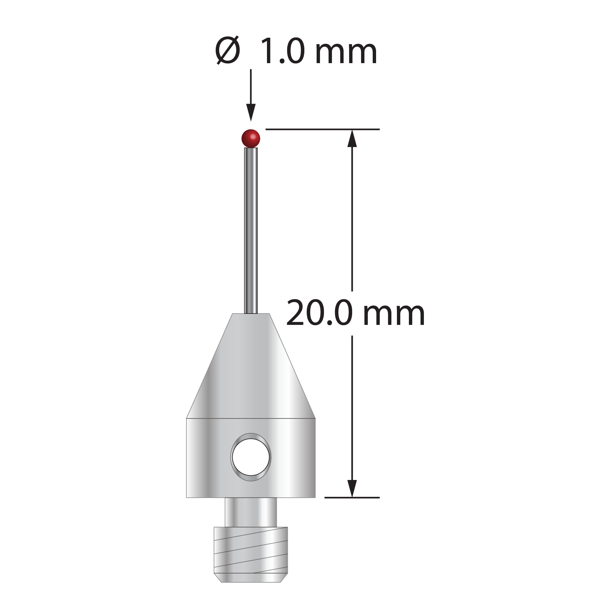 TM4-1020-DS.7 M4 stylus with 1.0mm ruby ball, carbide stem, and stainless steel base, 20.0mm long by Q-Mark Manufacturing, Inc.