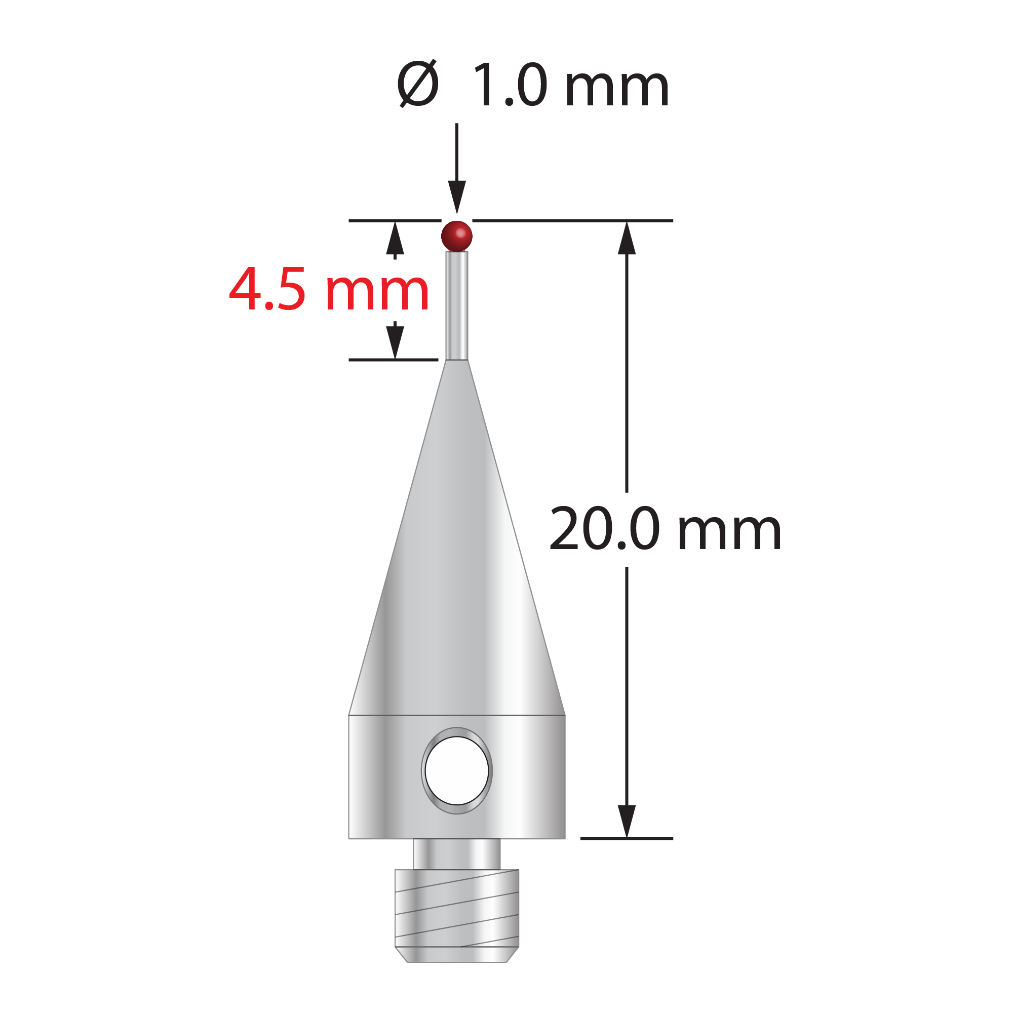 TM4-1020-S M4 stylus with 1.0mm ruby ball, stainless steel stem and base, 20.0mm long by Q-Mark Manufacturing, Inc.