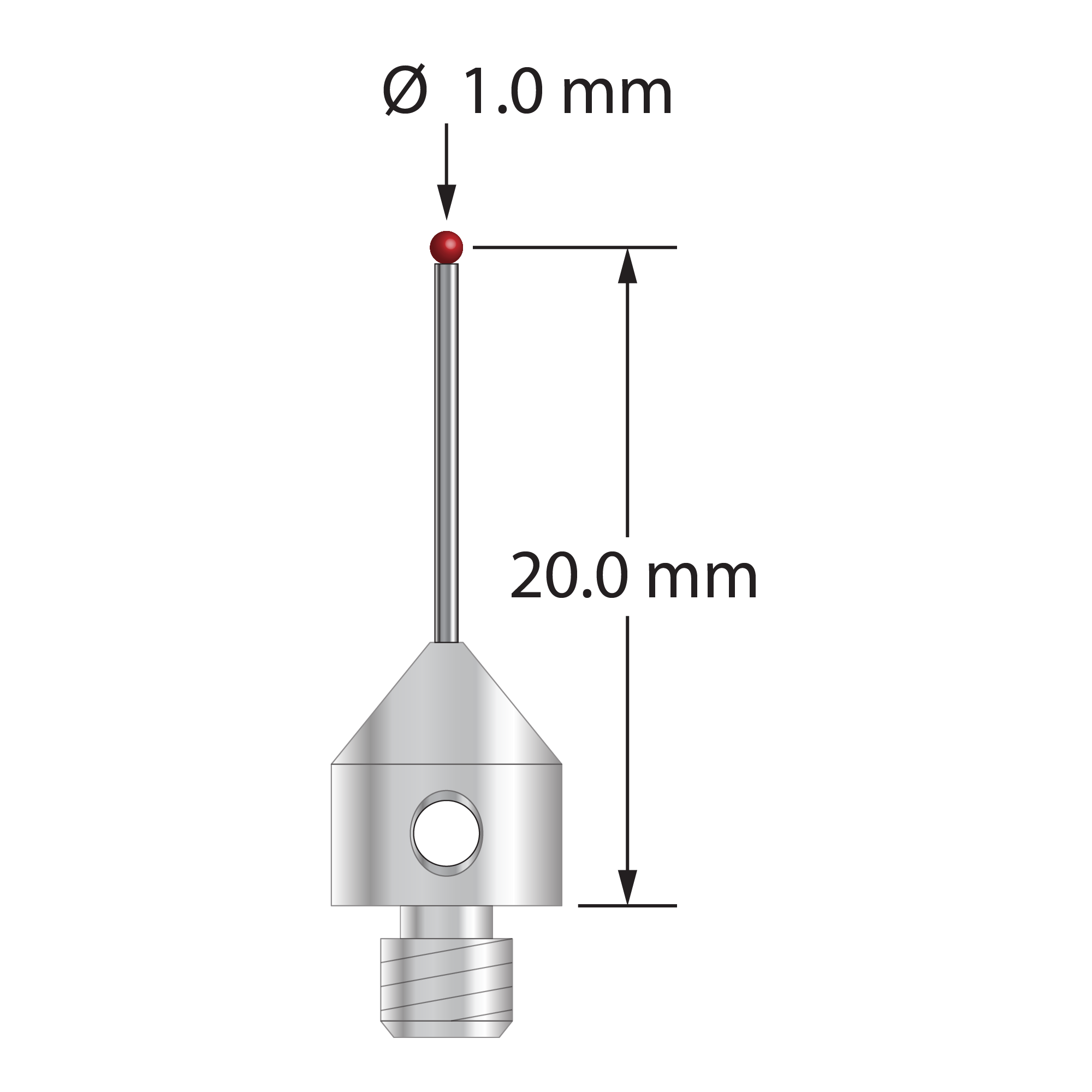 TM4-1020.5-DS.7-DL8 M4 stylus with 1.0mm ruby ball, carbide stem, and stainless steel base, 20mm long.