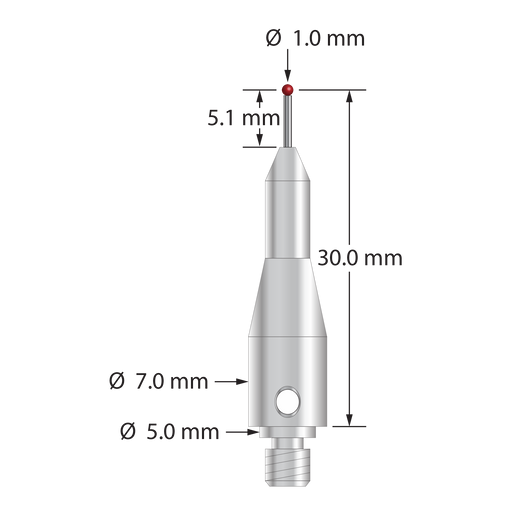 M4 stylus for Blum probe with 1.0 mm diameter ruby ball, 0.7 mm diameter carbide stem, and stainless steel body. Stylus length to ball center is 30.0 mm. Compare to Blum P03.8000-022.030.01. (TC52/62/76)