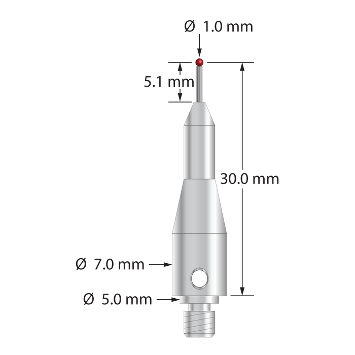 M4 stylus for Blum probe with 1.0 mm diameter ruby ball, 0.7 mm diameter carbide stem, and stainless steel body. Stylus length to ball center is 30.0 mm. Compare to Blum P03.8000-022.030.01. (TC52/62/76)