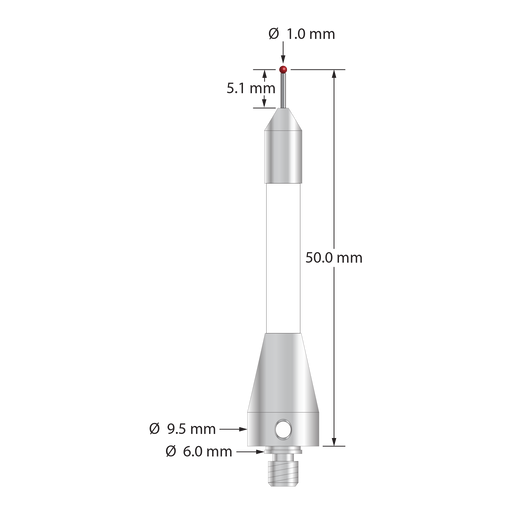 M4 stylus for Blum probe with 1.0 mm diameter ruby ball, 0.7 mm diameter carbide stem, 4.5 mm diameter ceramic body, and 9.5 mm diameter x 15.0 mm long stainless steel base. Stylus length to ball center is 50.0 mm. Compare to Blum P03.8000-020.050.01.
