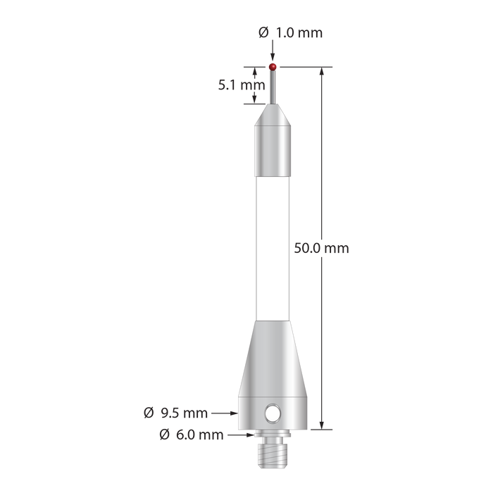 M4 stylus for Blum probe with 1.0 mm diameter ruby ball, 0.7 mm diameter carbide stem, 4.5 mm diameter ceramic body, and 9.5 mm diameter x 15.0 mm long stainless steel base. Stylus length to ball center is 50.0 mm. Compare to Blum P03.8000-020.050.01.