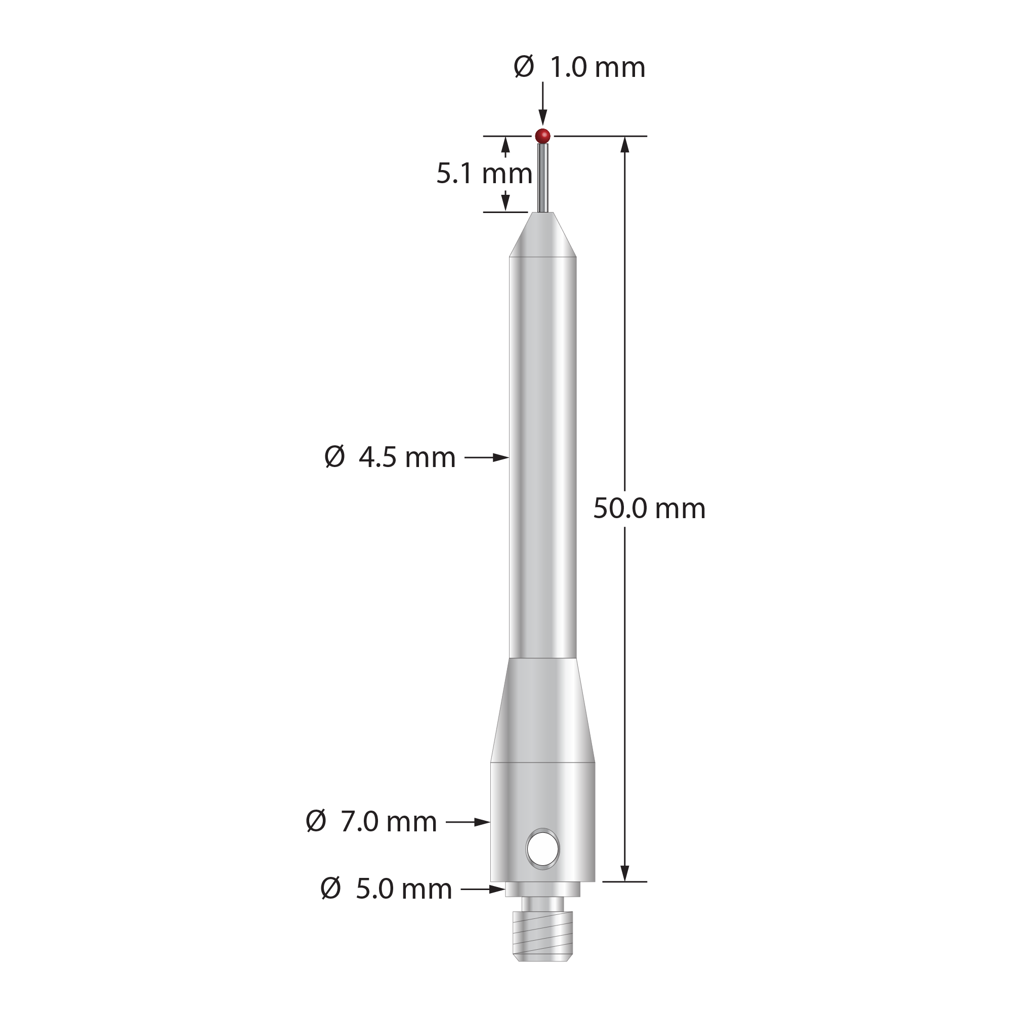 TM4-1050.5-BL M4 stylus with 1.0mm ruby ball, carbide stem, stainless steel body, 50mm length by Q-Mark Manufacturing, Inc.