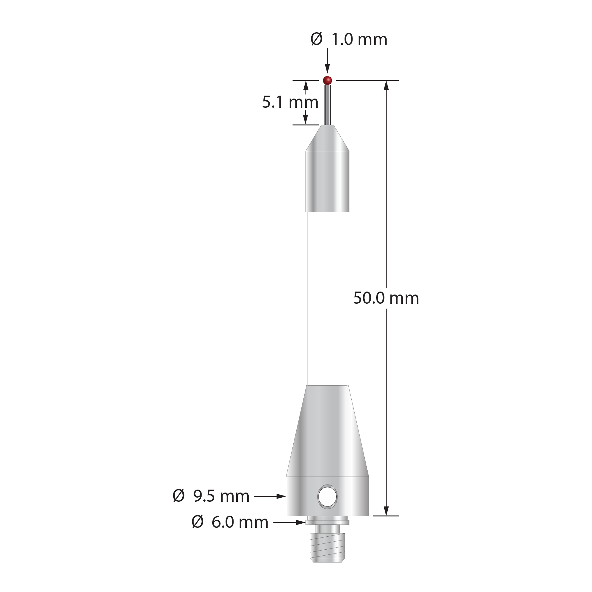 TM4-1050.5-C-BL M4 stylus, 1.0mm ruby ball, carbide stem, ceramic body, 50.0mm length by Q-Mark Manufacturing, Inc.