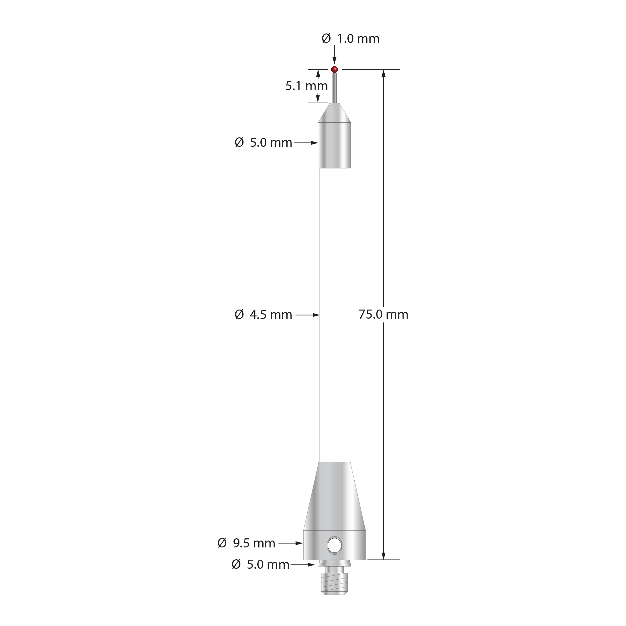 TM4-1075.5-C-BL M4 stylus, 1.0mm ruby ball, carbide stem, ceramic body, stainless steel fittings, 75.0mm length by Q-Mark Manufacturing, Inc.