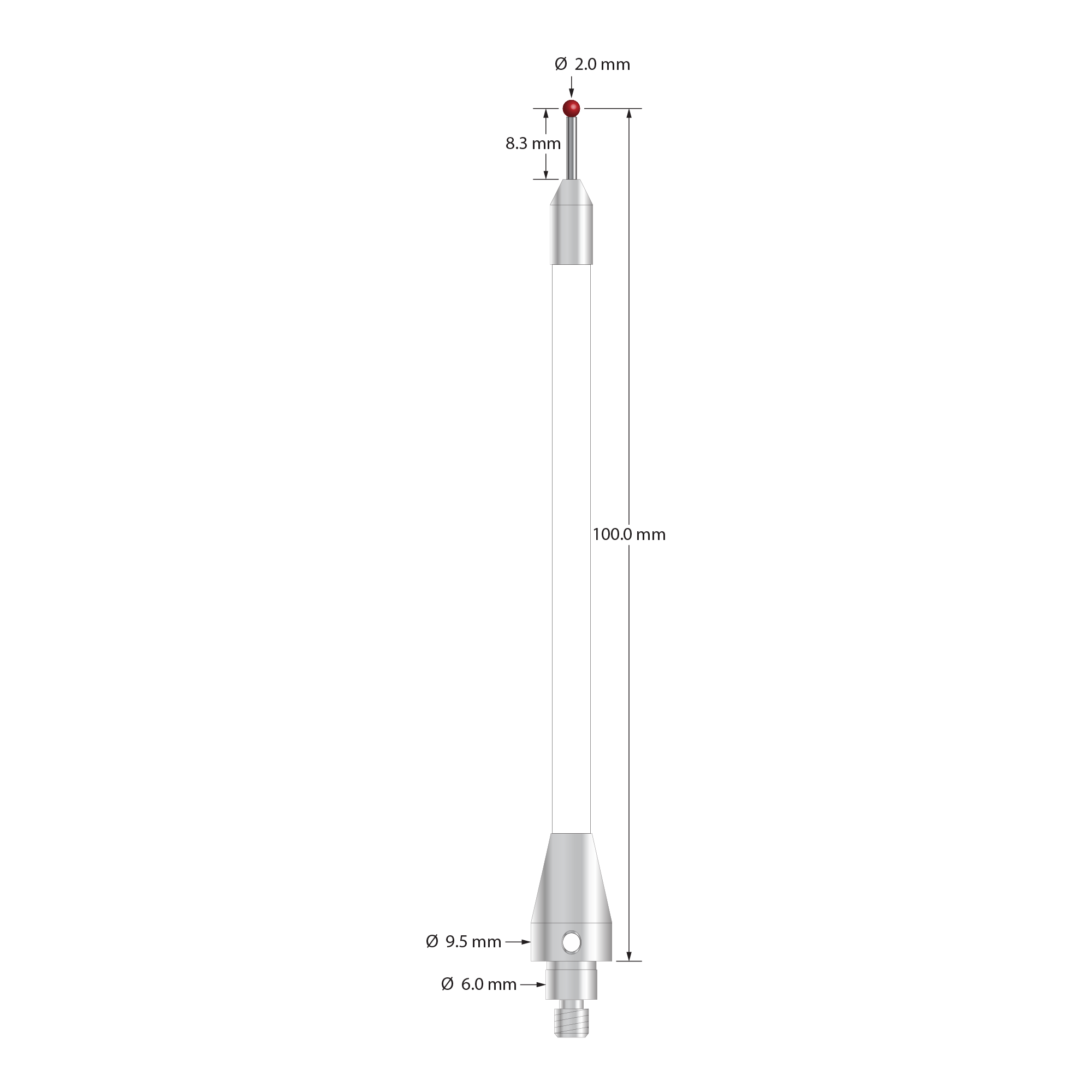 TM4-20101-C-BL-TC50/51 M4 stylus, 2.0mm ruby ball, carbide stem, ceramic body, 100mm long by Q-Mark Manufacturing, Inc.