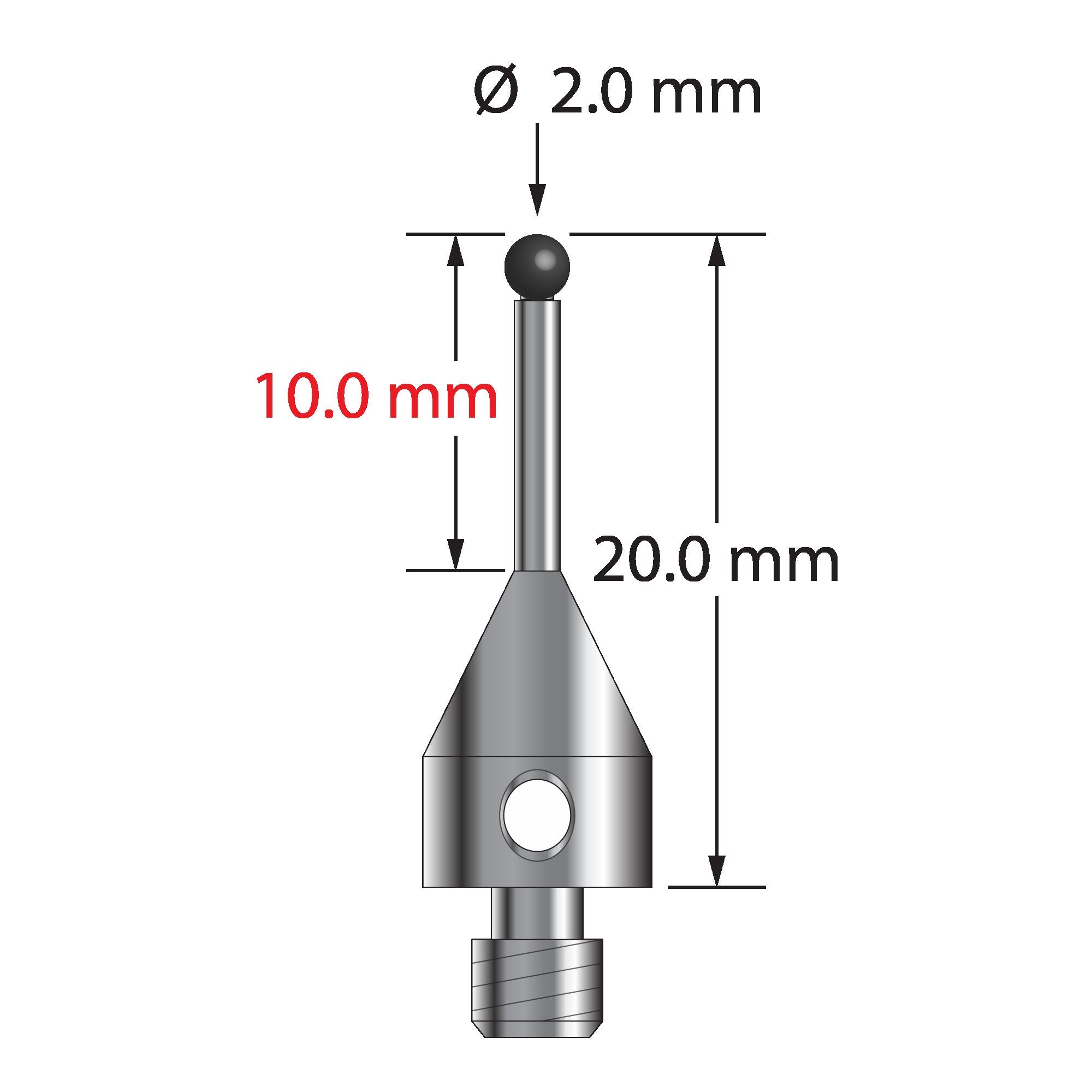 TM4-2020-S-SN M4 stylus with 2.0mm silicon nitride ball and stainless steel stem, 20.0mm long by Q-Mark Manufacturing, Inc.