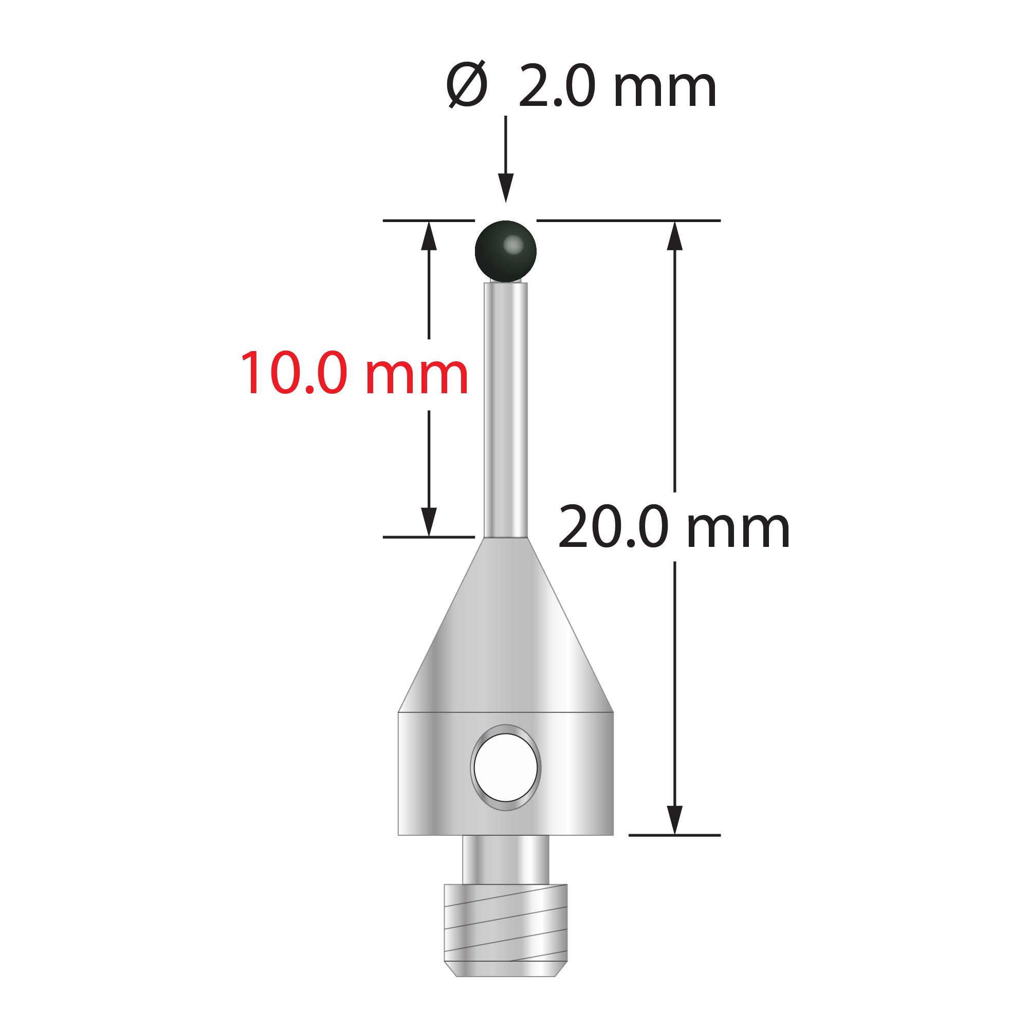 M4 stylus with 2.0 mm diameter silicon nitride ball, 1.4 mm diameter stainless steel stem, and 7.0 mm diameter stainless steel base. Overall stylus length is 20.0 mm. Stylus weight is 2.14 grams.