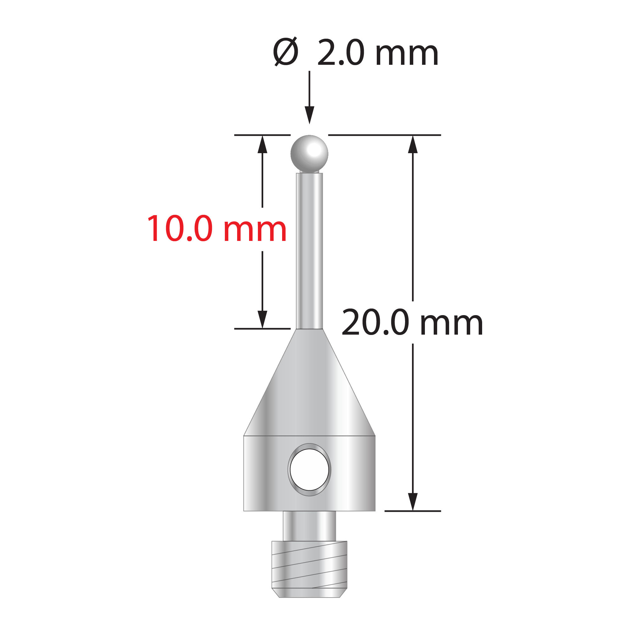 TM4-2020-S-Z M4 stylus with 2.0mm zirconia ball and stainless steel stem, 20.0mm long by Q-Mark Manufacturing, Inc.