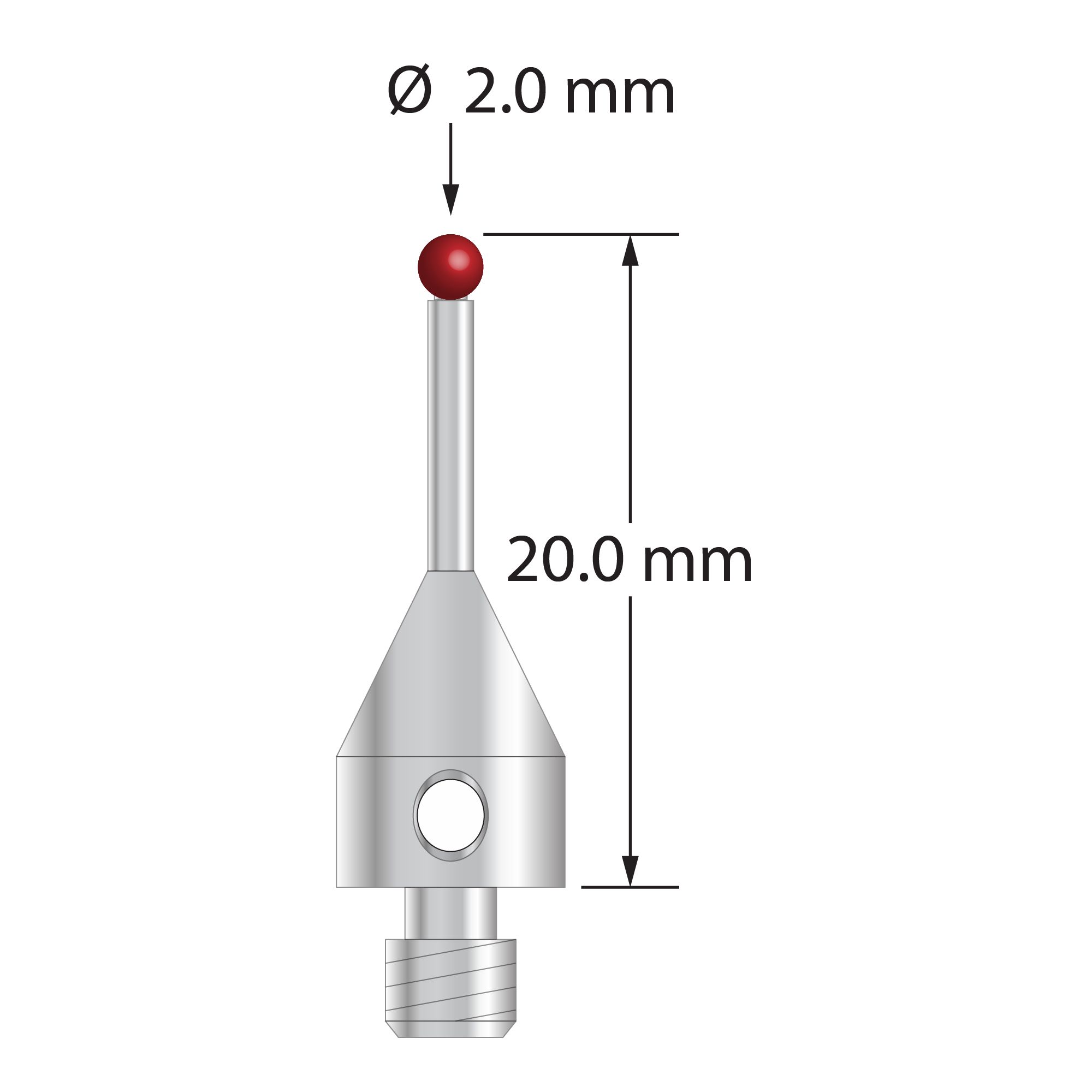 M4 stylus with 2.0 mm diameter ruby ball, 1.4 mm diameter stainless steel stem, and 7.0 mm diameter x 9.7 mm long stainless steel base. Overall stylus length is 20.0 mm. Stylus weight is 2.14 grams. Compare to Renishaw A-5000-7547 and Mitutoyo K651187.