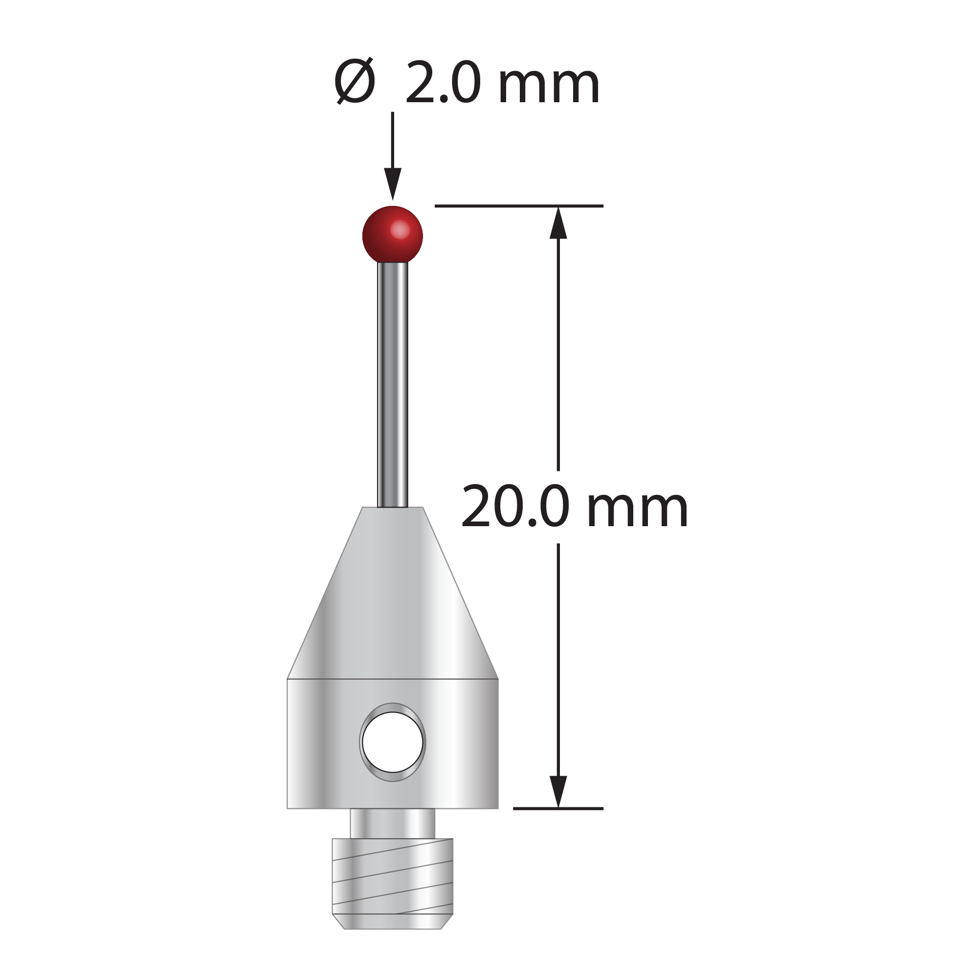 TM4-2020 M4 stylus with 2.0mm carbide ball, carbide stem, and stainless steel base, 20.0mm long by Q-Mark Manufacturing, Inc.