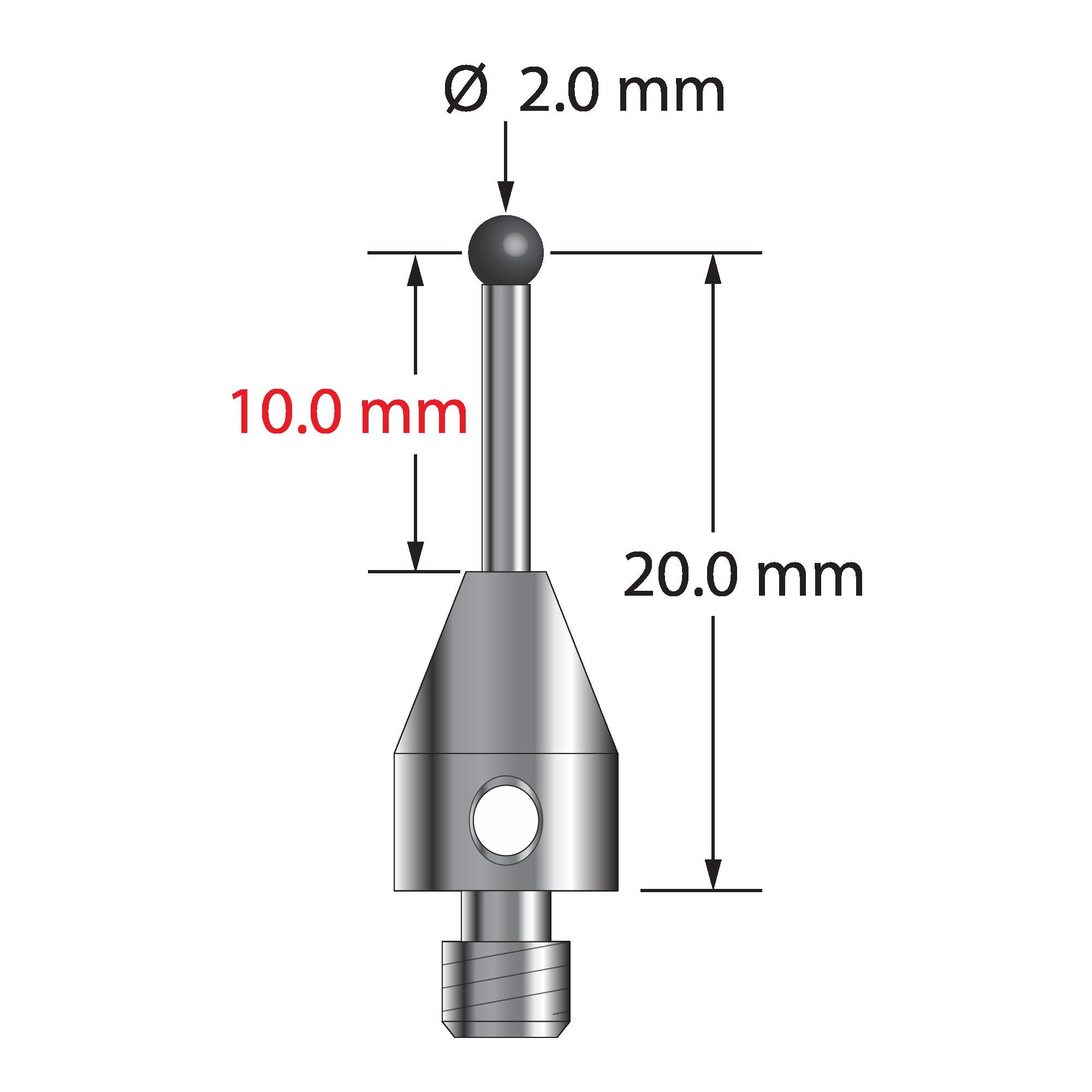 TM4-2021-EC M4 2.0mm ruby ball stylus with carbide stem and stainless steel base, 20.0mm long by Q-Mark Manufacturing, Inc.