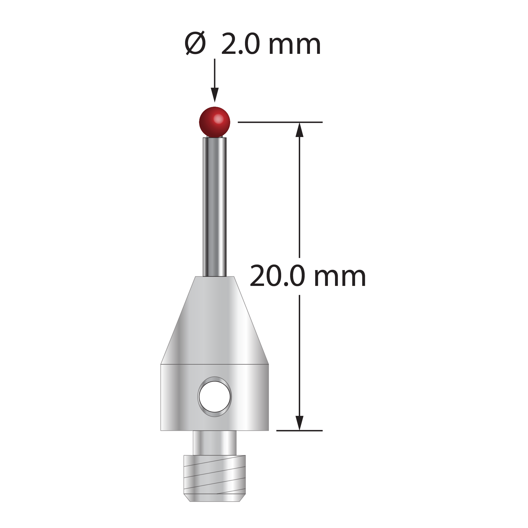 M4 stylus with 2.0 mm diameter ruby ball, 1.5 mm diameter carbide stem, and 7.0 mm diameter x 10.0 mm long stainless steel base. Stylus length to ball center is 20.0 mm. Stylus weight is 2.45 grams. Compare to Renishaw A-5003-2932.